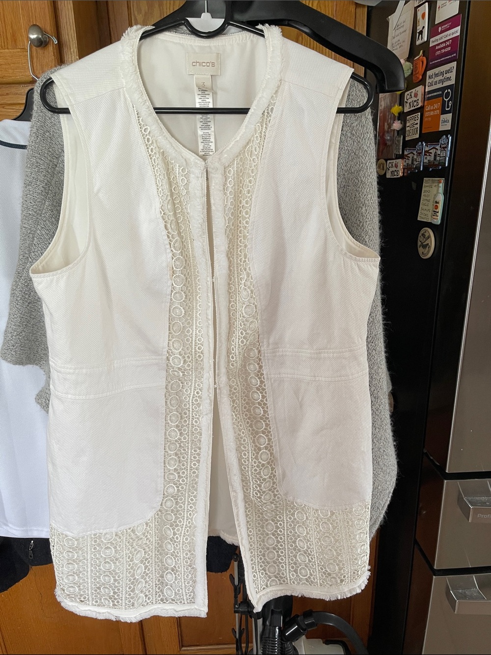 Chico’s White Cream Eyelet Lace Fringe Long Vest Duster XL or 3